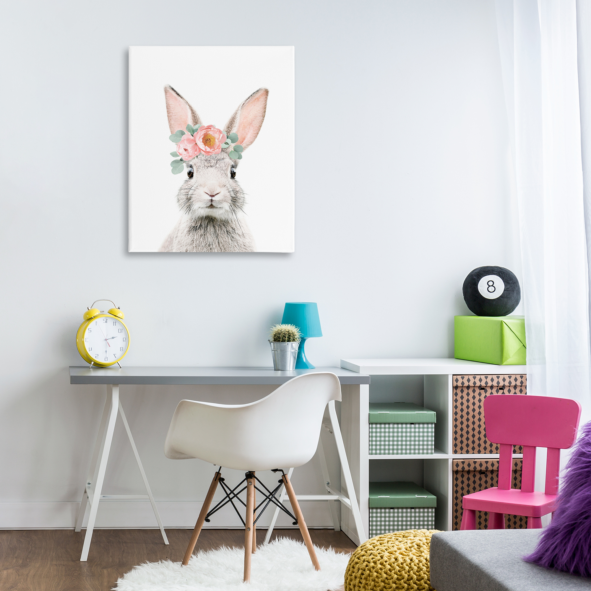 Stupell Industries Pink Flower Bunny Animals Painting Wrapped Canvas Art Print Wall Art, 30 x 40