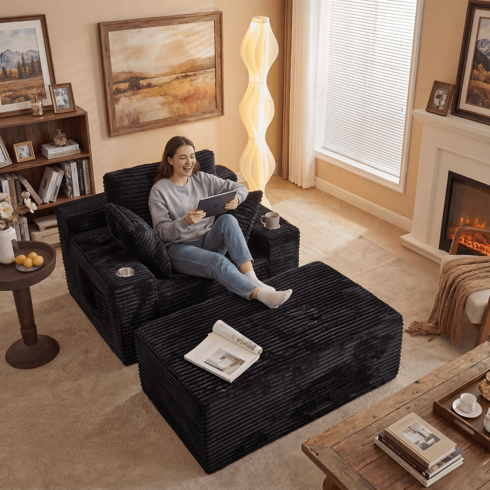 Cubente 67" Chaise Lounge Chair Indoor,Boneless Sofa Bed, Deep Seat Sleeper Couch Reading Chairs, Cloud Couches with Cup Holder & Side Pocket for Living Room, No Assembly Required