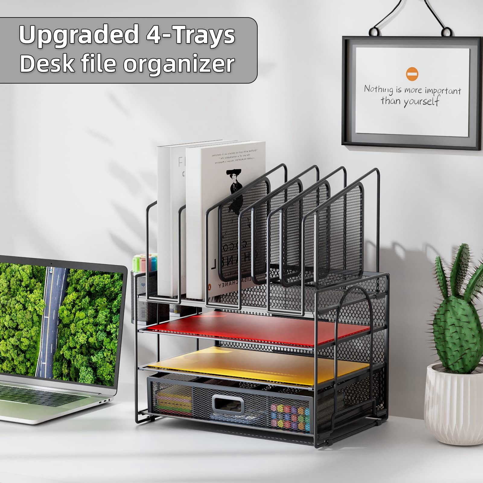 Desk Organizers  4-tier Mesh File Organizer With 5 Vertical Holders And 2 Pen Multifunction Desktop Accessories For Home Office (gray)