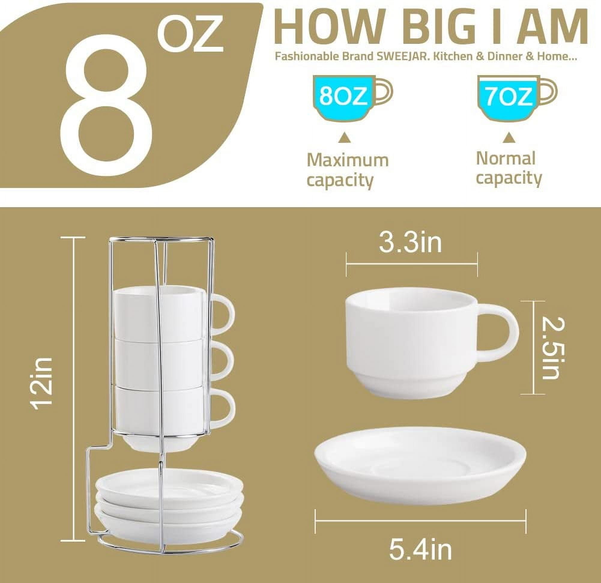 Porcelain Cappuccino Cups with Saucers and Metal Stand, 8 Ounce Stackable Espresso Cups for Specialty Coffee Drinks, Latte, Americano, Tea - Set of 4 (Black)