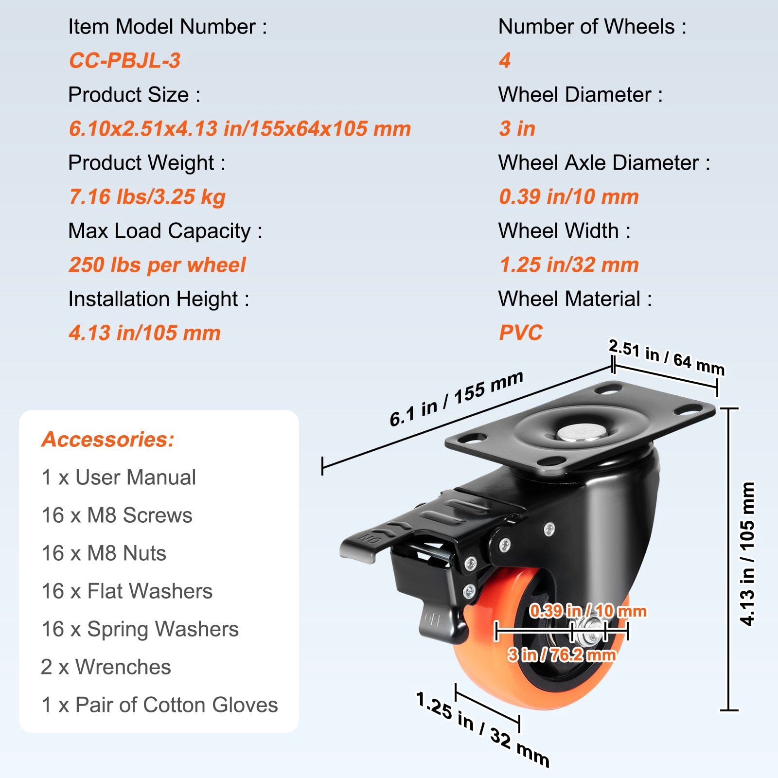 3-Inch Swivel Plate Caster Wheels with A/B Locking System, Set of 4, Heavy Duty 250 lbs Capacity Per Caster, Non-Marking PVC Wheels for Cart Furniture Workbench, Quiet and Secure