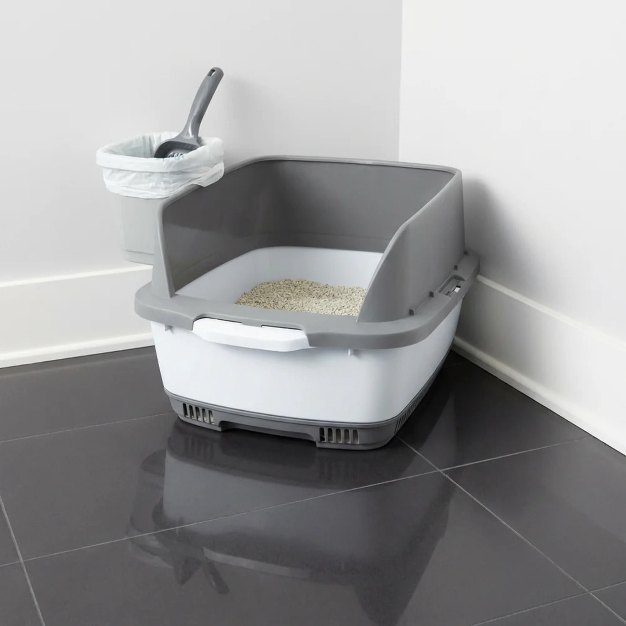 Cateco: Odor Eliminating Cat Litter Box Kit - Gray - Scooper & 10 Dry Pads, Pet Waste Maintenance Set, Advanced Aeration Prevents Bacterial Growth