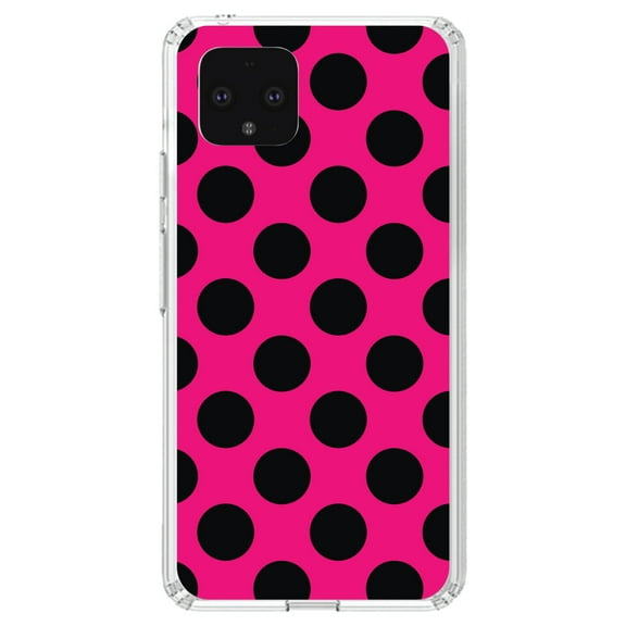 DistinctInk Clear Shockproof Hybrid Case for Google Pixel 4 (5.7" Screen) - TPU Bumper, Acrylic Back, Tempered Glass Screen Protector - Black & Hot Pink Polka Dots