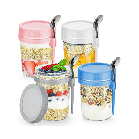 4 Pack Overnight Oats Containers with Lids and Spoons 16 Oz Mason Jars