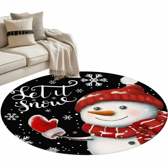 Christmas Snowman Round Area Rug 3 FT, Small Kitchen Bathroom Mat, Xmas Winter Snowflake Classic Black Washable Indoor Outdoor Throw Runner Carpet Non-Shedding Doormat for Table Shower Sofa Entryway