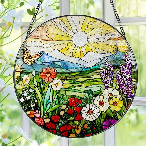 Vidriera Suncatcher Pauyadu Mountain con flores silvestres, 20 cm