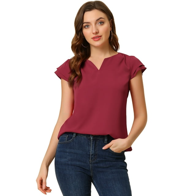 INSPIRE CHIC Women's V Neck Work Casual Cap Sleeve Blouse Top
