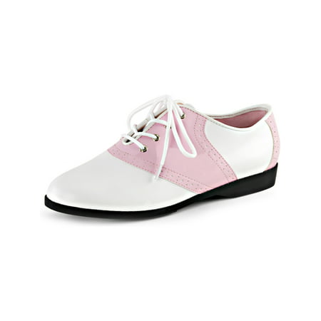 Womens Saddle Oxford Shoes Two Tone White Pink Lace Up Retro Costume Flats