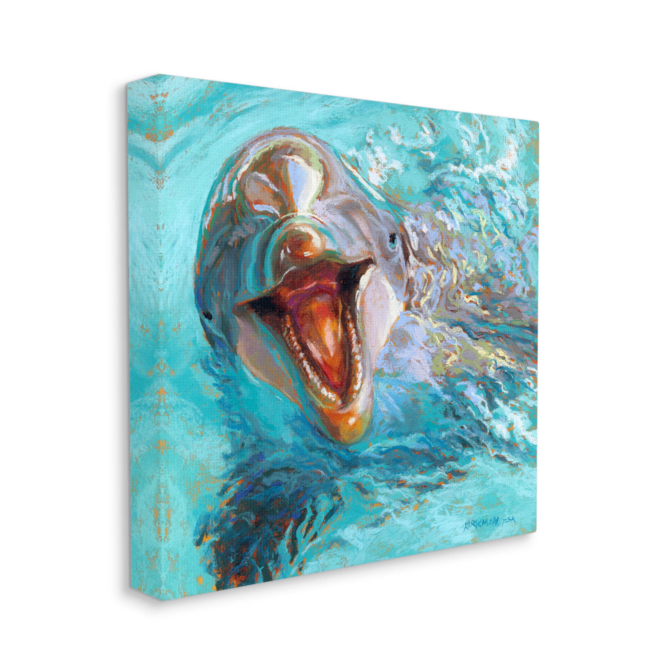 Smiling Dolphin Water Splash Animals & Insects Painting Gallery Wrapped Canvas Print Wall Art