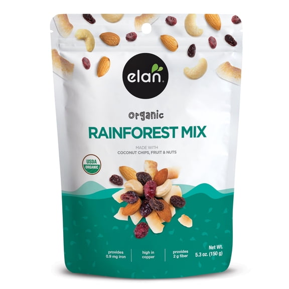 Elan Organic Rainforest Mix, YPF5 5.3 oz, Healthy Snacks, Dried Fruits (Raisins, Coconut, Dried Cranberries), Nuts (Roasted Cashews, Roasted Almonds), Non-GMO, Gluten-Free, Vegan, Kosher