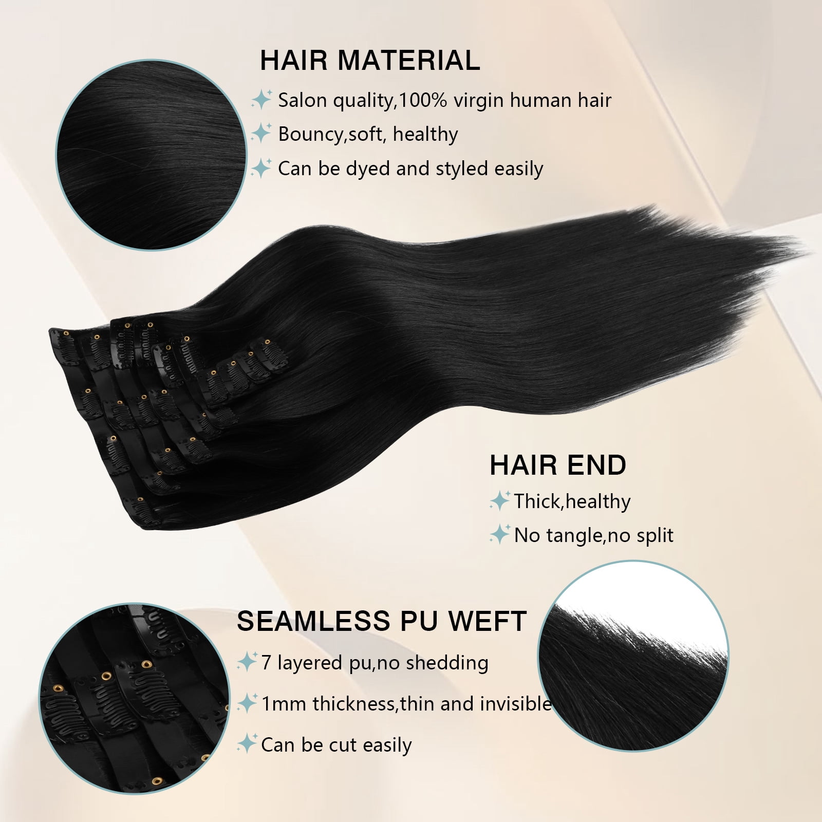 PU Clip In Hair Extensions 1# 120g 14inch
