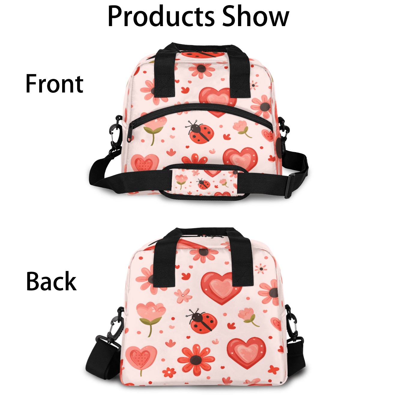 Herdesigns Cute Ladybugs Insulated Lunch Bag for Women Men Adults Large Reusable Lunch Box Flower Ladybugs Leakproof Cooler Tote Bags with Adjustable Shoulder Strap