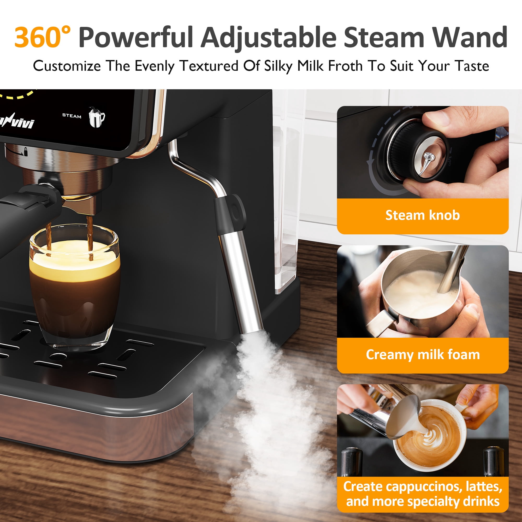 SUNVIVI 20 Bar Espresso Machine, 3-in-1 Hot & Iced Coffee Maker with Milk Frother, LED Touch Control, Removable 52oz Water Tank