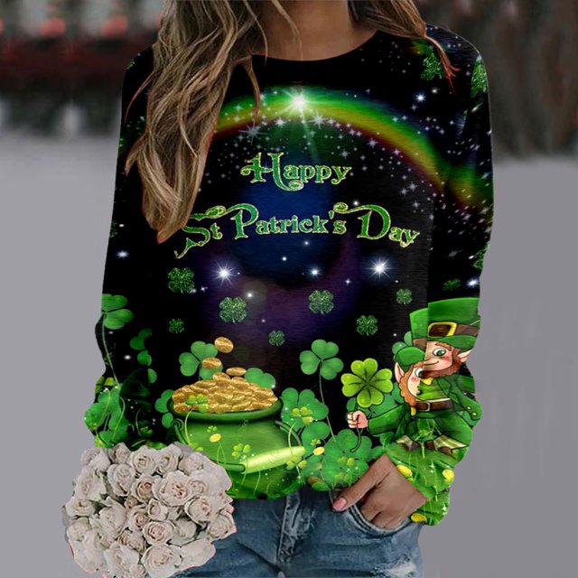 WILLBEST Chandail à Capuche pour Femmes Imprimé St Pa Day Col Rond Chandail Manches Longues Vert