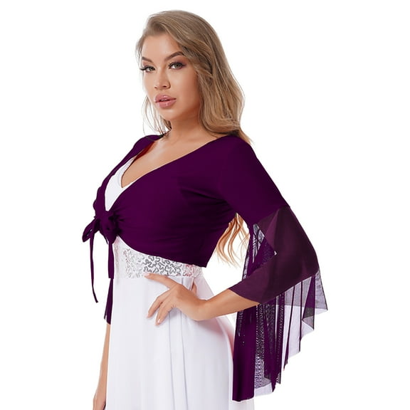 DPOIS Women's Belly Dance Top Tulle 3/4 Flared Sleeve Shawl Crop Tops Dancewear