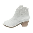 thumbnail image 3 of Kopltyrfg Women Rhinestone Cowboy Boots V Cut Side Zipper Glitter Chunky Heel Sparkly Fashion Cowgirl Ankle Boots (White,42), 3 of 7