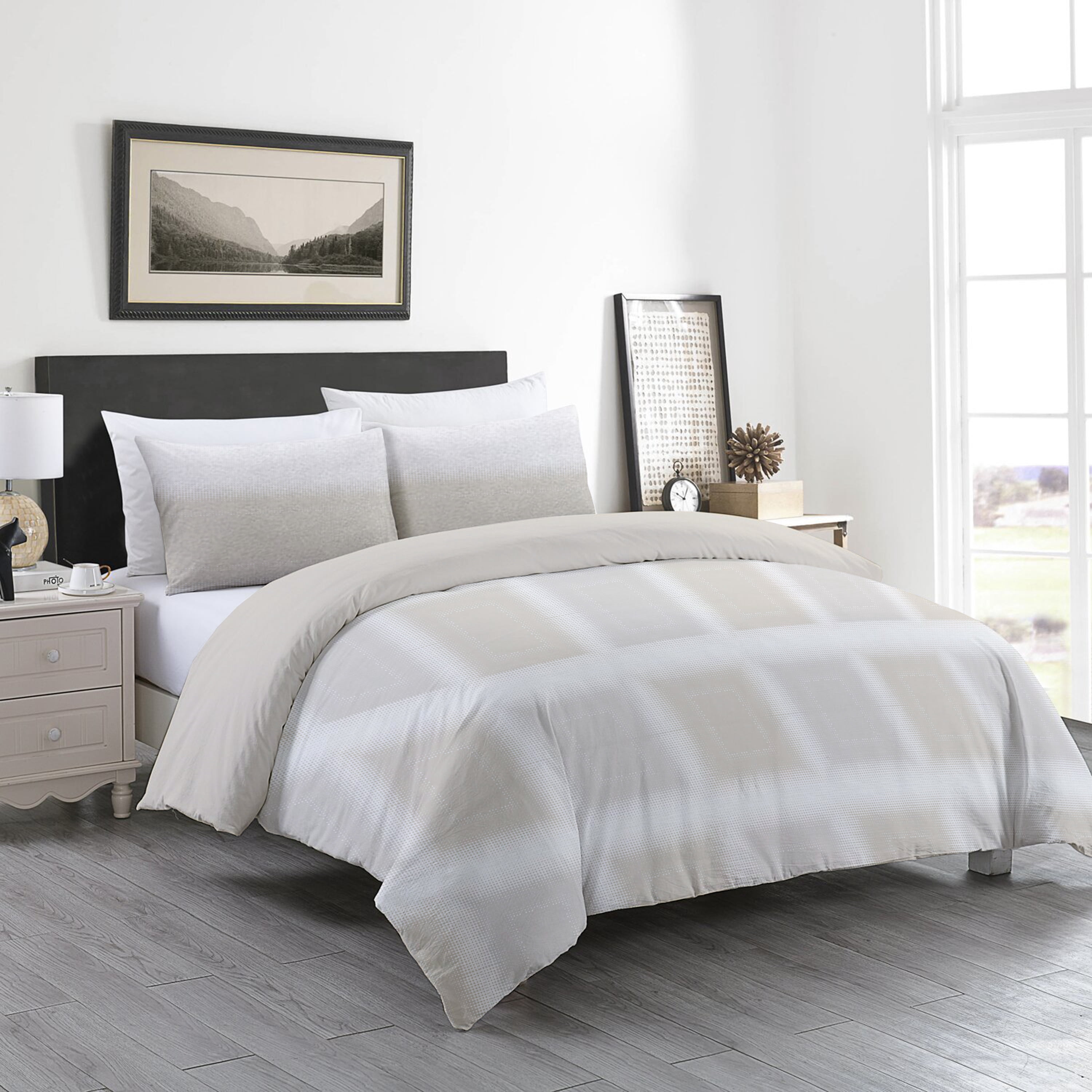 Delara GOTS Certified 100% Organic Cotton Check Reversible Print Duvet Cover and Sham Set of 2, Queen 88"X92", Beige