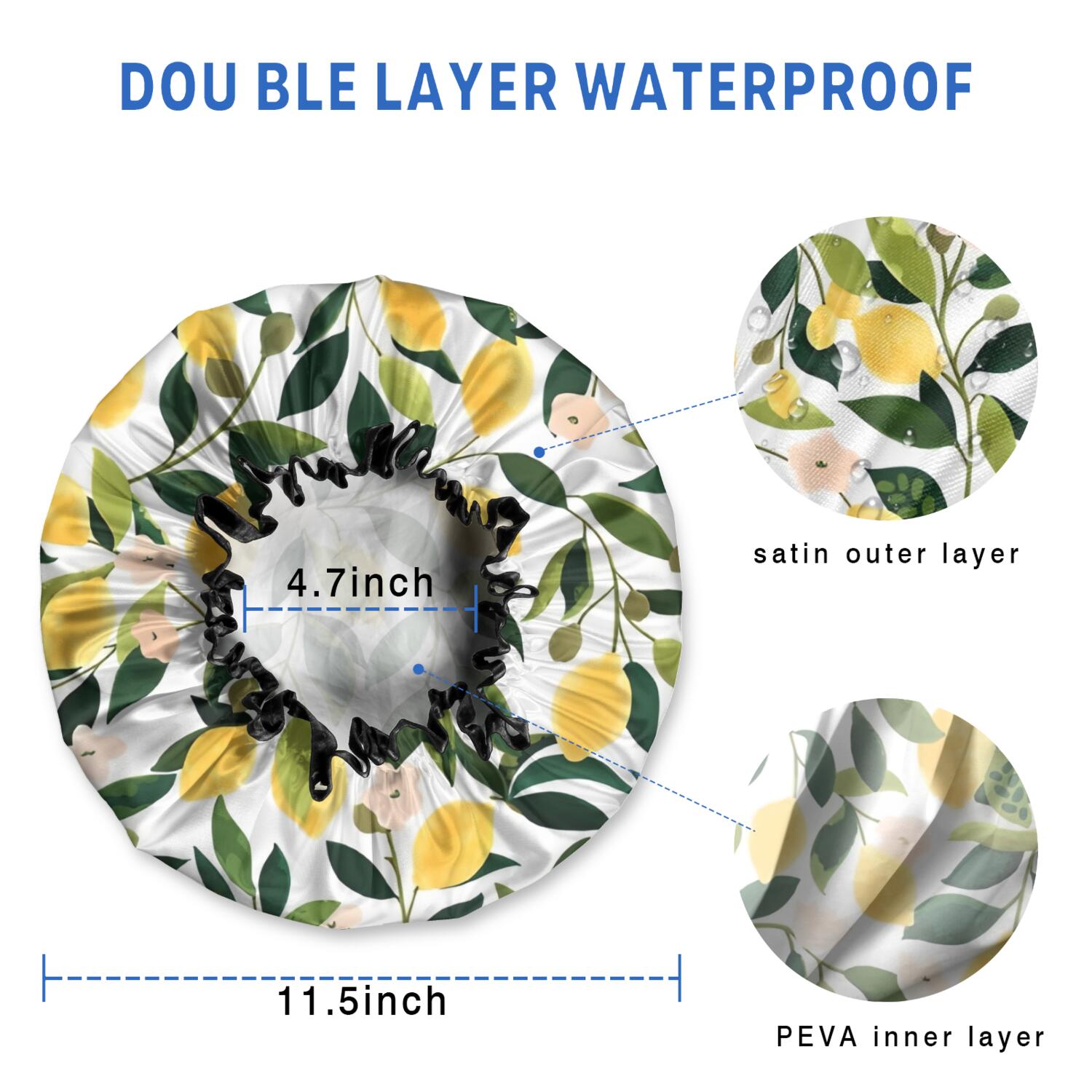 Shower Caps,Yellow Lemon Fruit Flowers White Pattern Waterproof Shower Cap for Women 4 Pieces,Double Reusable Hair Cover for Shower PEVA Elastic Stretch Hem