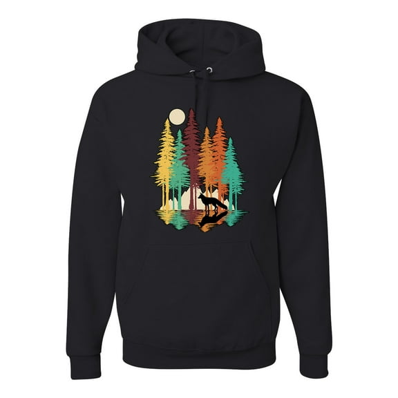 Trippy California Redwoods Forest Fox Silhouette | Mens Fashion Hooded Sweatshirt Graphic Hoodie, Black, Small