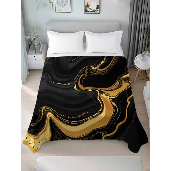 Marble Black Queen Size Flat Sheet, Wrinkleproof & Fadeproof Cooling Flat Bed Sheet Only, Vintage Gold Art Abstract Farmhouse Breathable Soft Bedding Top Sheets 90 x 102 Inches