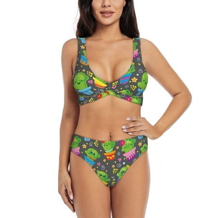 Zeuib Cactus In Pots High Waisted Tummy Control Bikini Set - Knot Front Push Up Top & Cheeky Thong Bottom  Two-Piece Swimsuit for Women-XX-Large