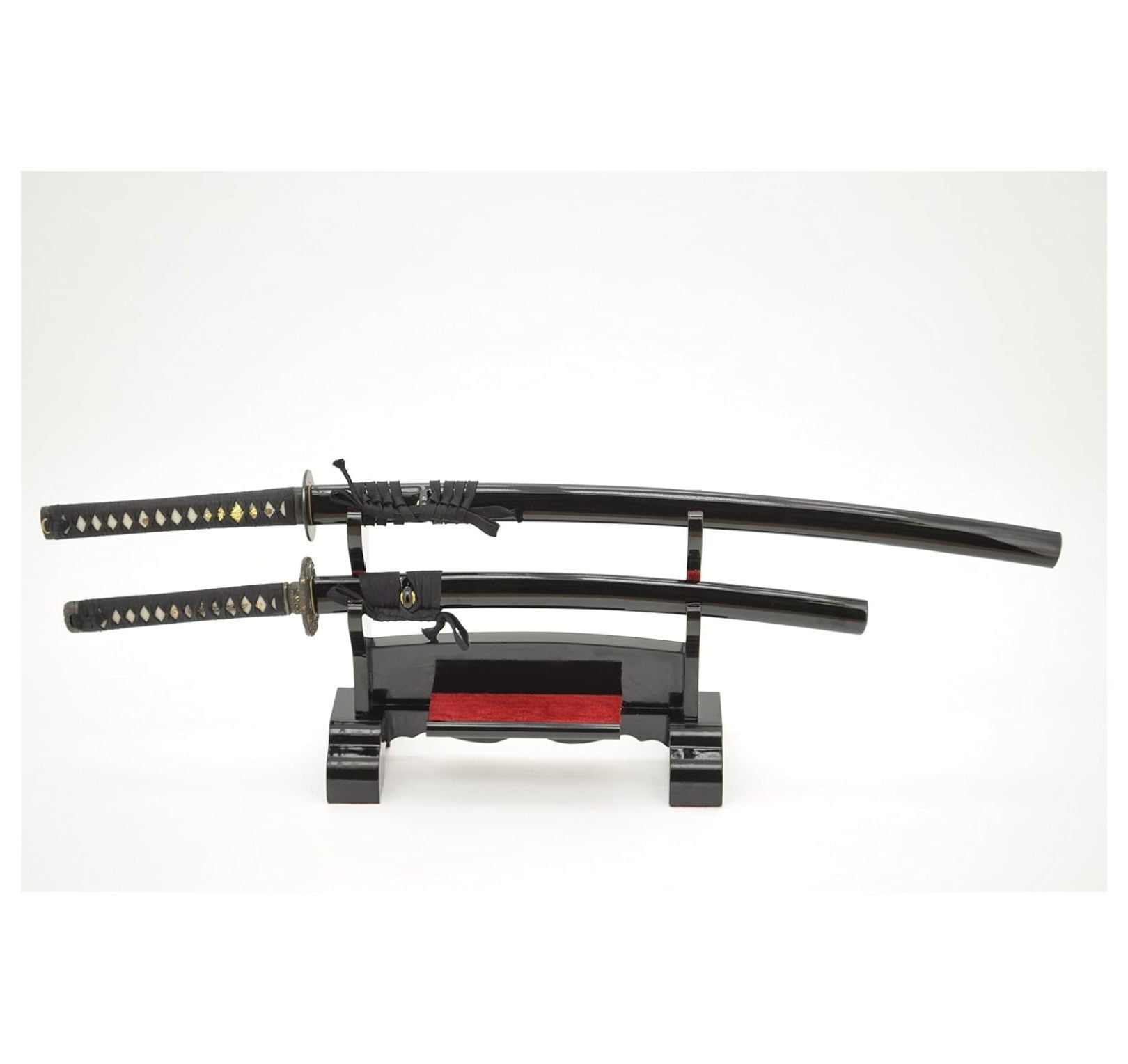 Handmade Sword - Black Piano Lacquered Wood, 2 Tier Deluxe Table Stand for Katana and Wakizashi Sword, Red Felt on The Arch and Front, Sword Table Display Holder