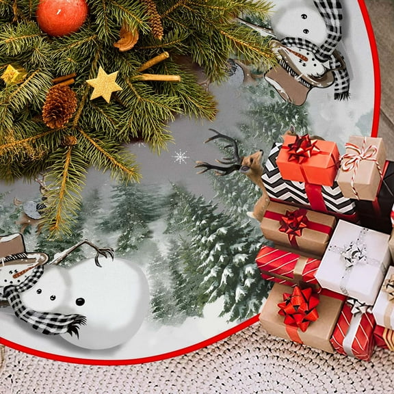 Snowman Reindeer Snowflake Christmas Tree Skirt 30 Inch, Winter Holiday Tree Mat Decoration