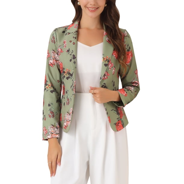 SACO DE TRABAJO PARA MUJER CHIC INSPIRE, AJUSTADO, CON SOLAPA EN V, ESTAMPADO, ABIERTO, TALLA XS, VERDE POLVO-FLORAL