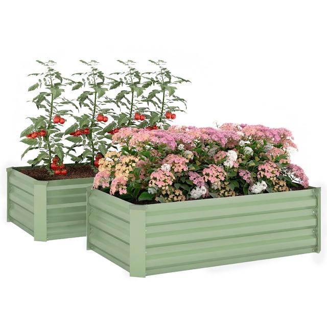 Outsunny Set of 2 Raised Garden Beds, Galvanized Planter Box, Light Green