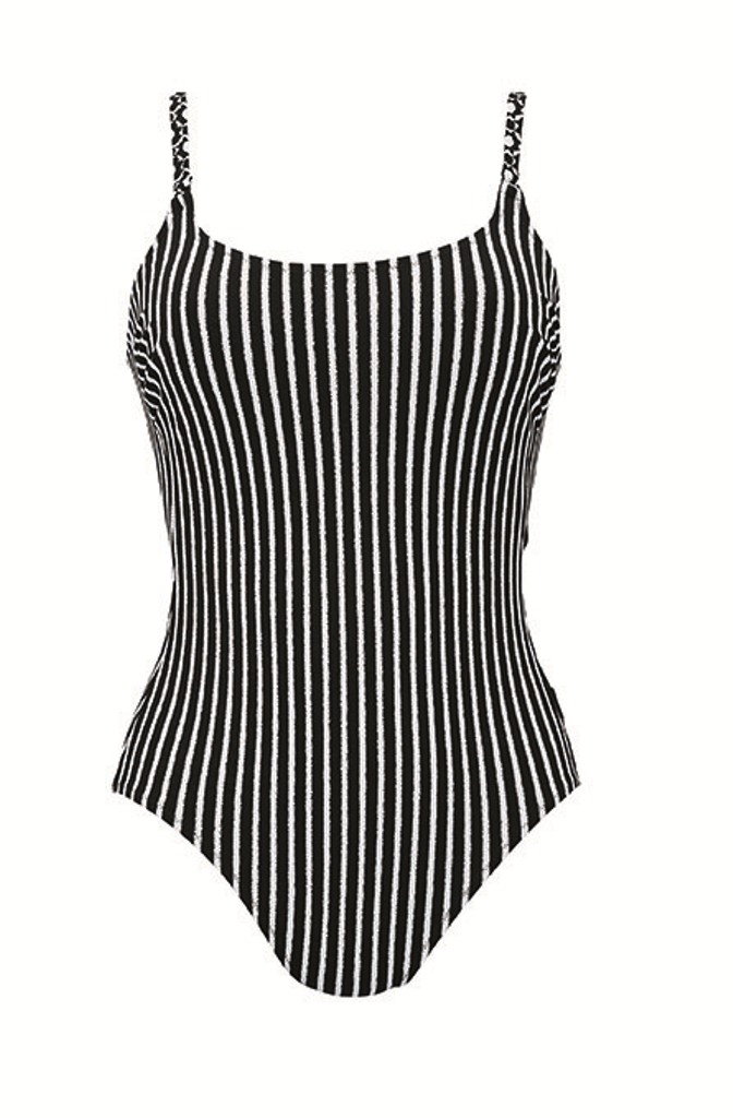 black and white vertical striped one piece swimsuit