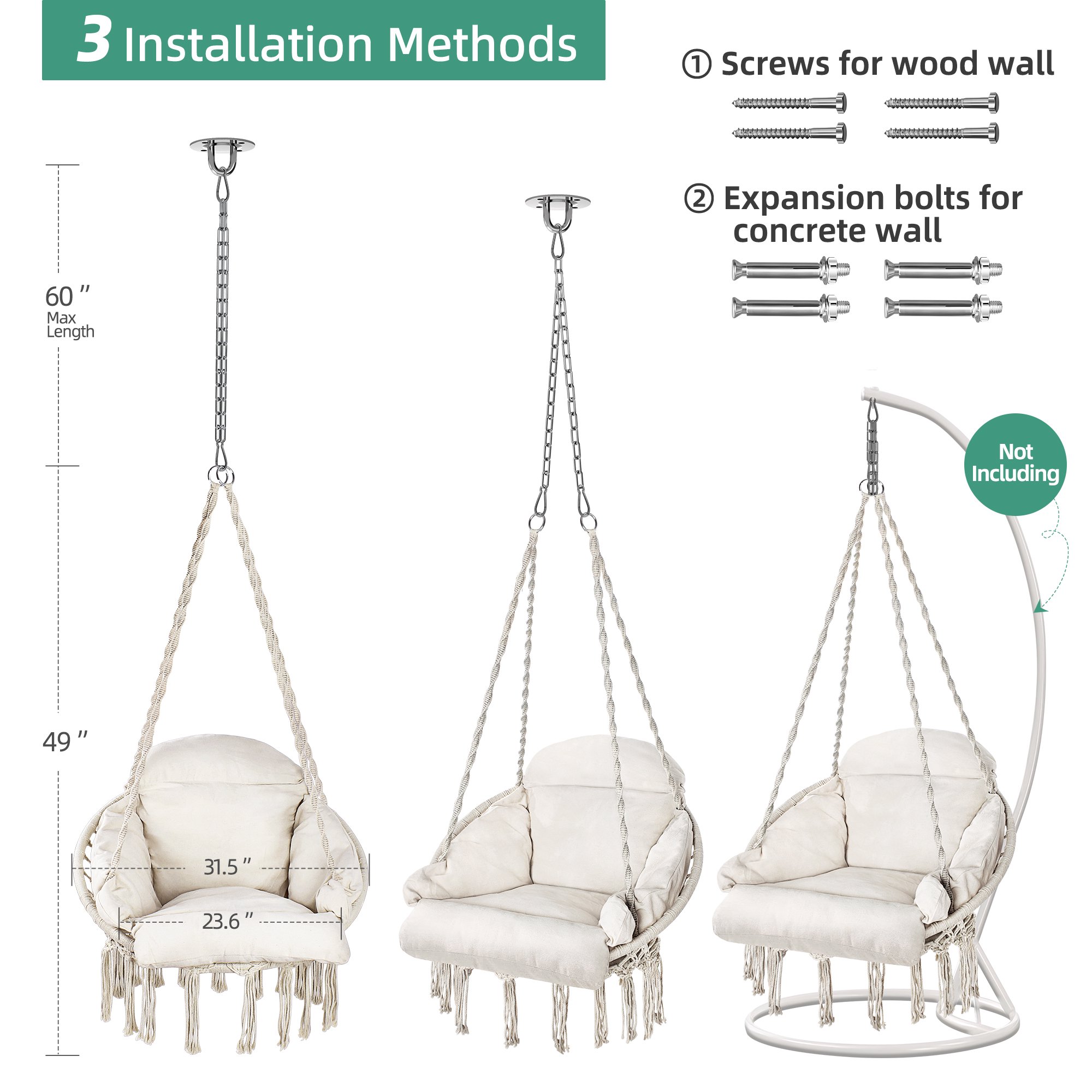 Hammock Chair with Hardware Kit, Macrame Hanging Chair Swing for Bedroom with Heavy Duty Hanging Kit for Ceiling, Cotton Rope Chairs for Indoor Outdoor, Idea Birthday Gifts for Girls Lover - image 4 of 6
