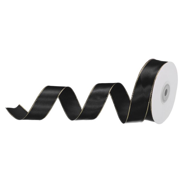 Unique Bargains 1 Inch 25 Yard Wide Satin Ribbon with Gold Edges Grosgrain Fabric Ribbon for Gift Wrapping, Black