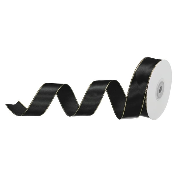2,5cm 23m Ancho Satén Cinta con Oro Bordes Borde Grosgrain Tela Cinta para Regalo Envoltura Boda Ramo, Negro