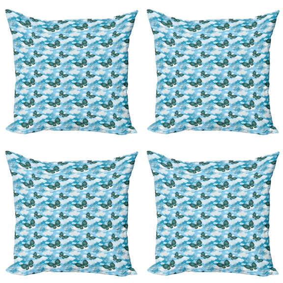 Ambesonne Butterfly Throw Pillow Cover 4 Pack, Floral Ornamental Moths, 24", Sky Blue Dark Teal