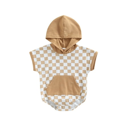 

Calsunbaby Infant Baby Girls Boys Summer Romper Short Sleeve Checkerboard Print Casual Hooded Playsuit Bodysuit Yellow 18-24 Months