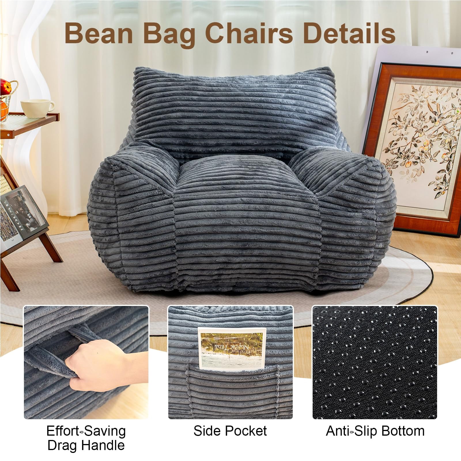 Peispie Giant Bean Bag Chair for Adults, Wide Seat Comfy Corduroy Floor Sofa with Armrests, Shredded Memory Foam Lazy Lounger, Oversized Gaming & Reading Chair for Bedroom 400LBS, Grey