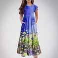 thumbnail image 2 of Fesfesfes Summer Short Sleeve Dress for 6-13 Years Children Girls Round Neck Fashion Printing Pocket Dress for Comfortable and Everyday Wear(Blue#2,6-7 Years), 2 of 7