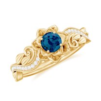 Rosec Jewels Floral Inspired London Blue Topaz Ring with Diamond for Women - AAA Quality, 14K Yellow Gold, US 3.00