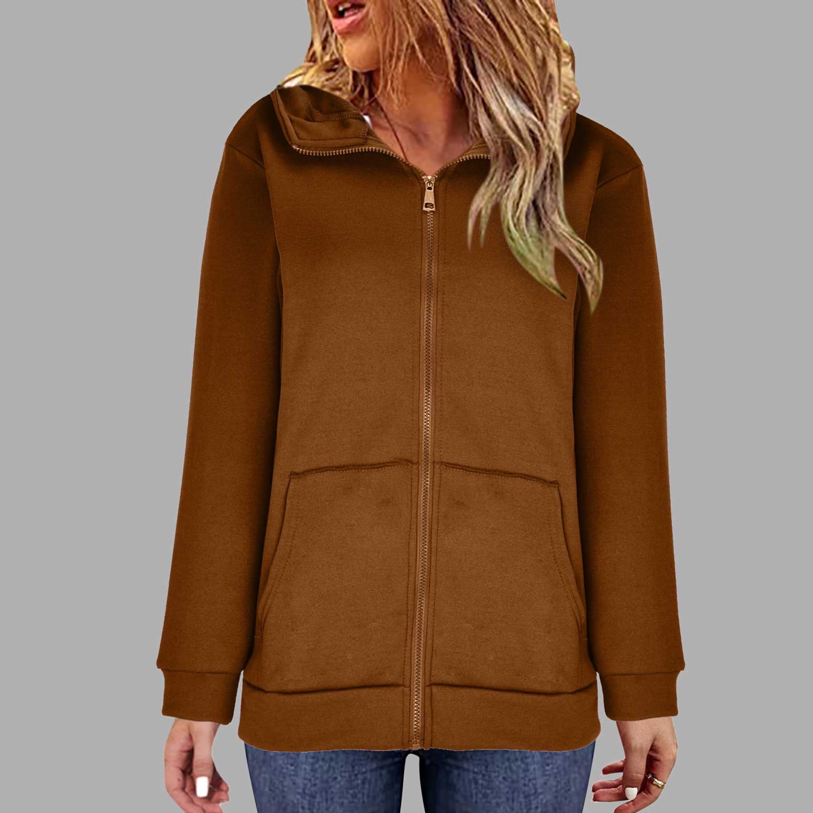 WMTBSRSW Women's Plus Size S-5XL Hoodies Zip Up Solid Hooded Sweatshirts Casual Long Sleeve Sweatshirts with Pockets Fleece Lined Hood Jackets Coffee Medium