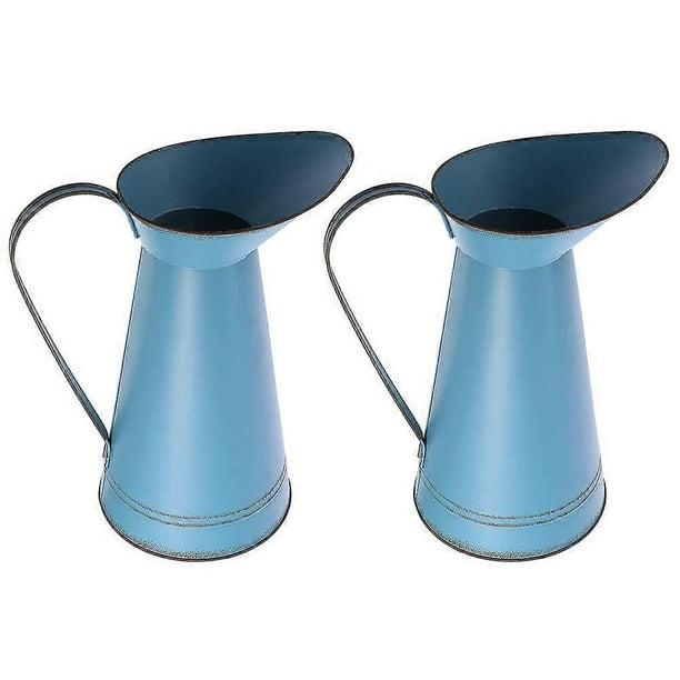 Vintage Metal Flower Vase Pot 2Pcs Rustic Style Round Blue Decorative Ornaments