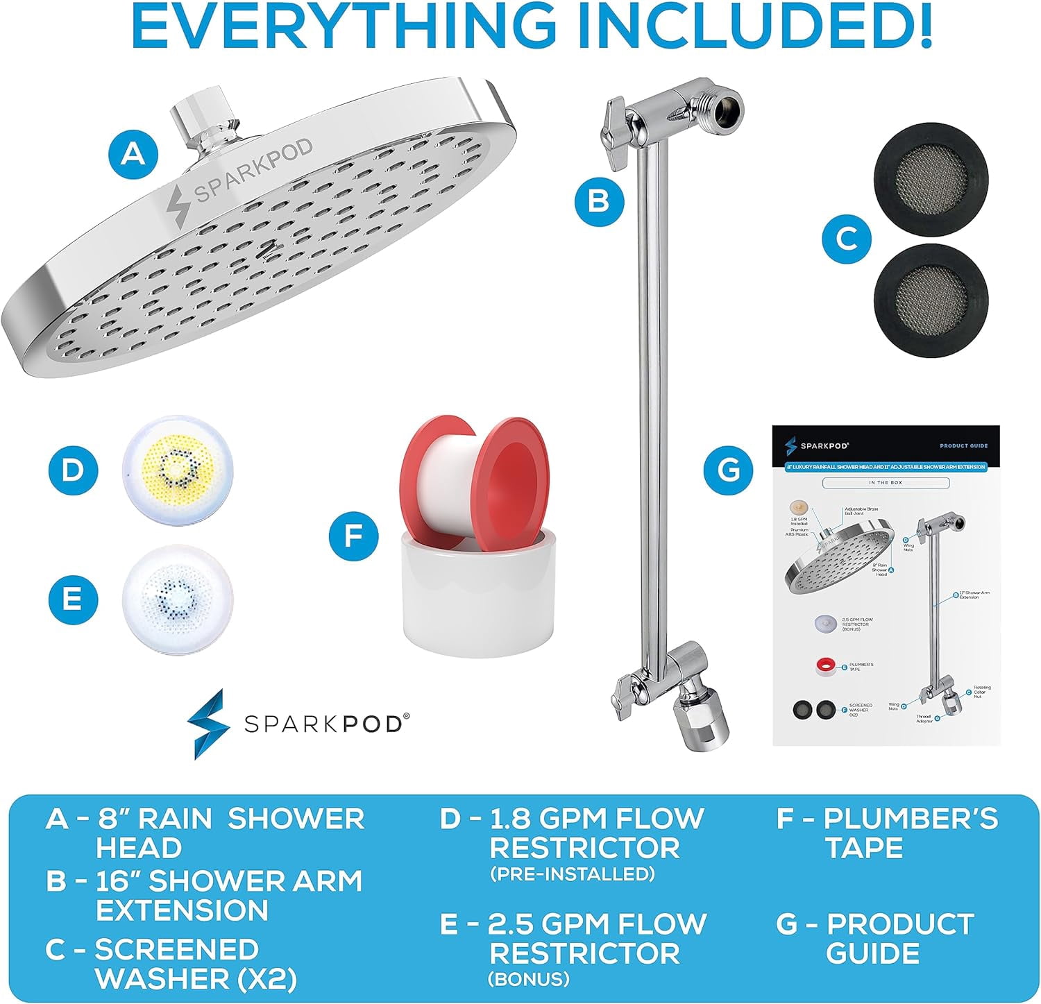 SparkPod Rain Shower Head with Adjustable Extension Arm 16" - High Pressure, Easy Install (8" inch Shower head, Chrome)