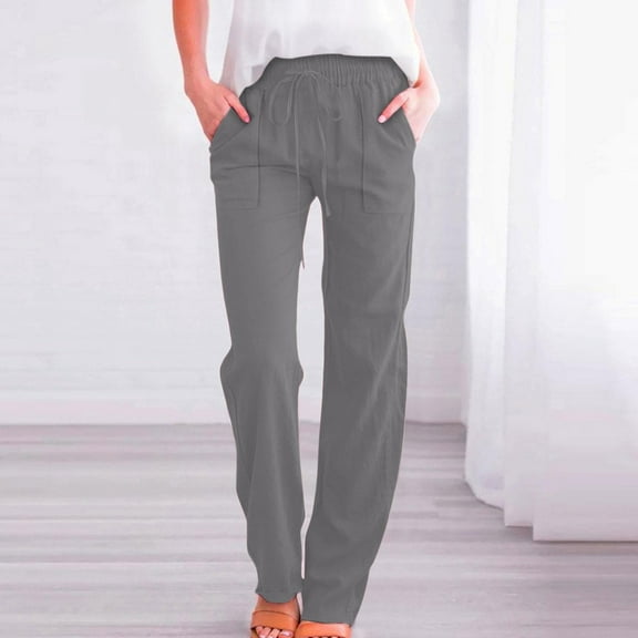 BILIKEYU Women's Cotton Linen Solid Color Casual Wide Leg Long Pants, Womens Pants Trendy, Casual Pants for Women, Jogging Pants for Women