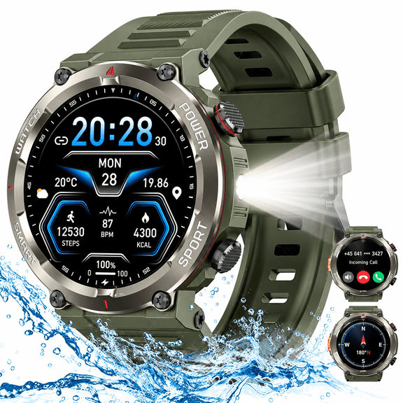 Blackview 1.45" Waterproof Military Smartwatch for Men,with Calling,Flashlight,Compass,100  Sports Modes,960mAh Battery,fits for iPhone Android,Green