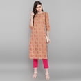 thumbnail image 3 of Janasya Indian Round Neck 3/4 Sleeve Floral Print Brown Cotton Kurta For Women, 3 of 7