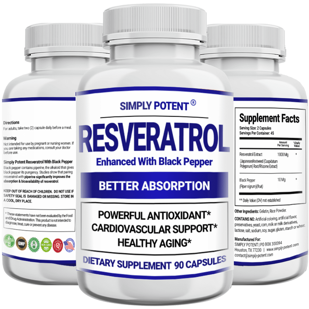 Simply Potent Resveratrol 1000mg  with Black Pepper Supplement for Anti-Aging, Skin & Heart Health, Immune System, Brain Function & Digestive Support, 90 Caps