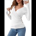 thumbnail image 3 of Camisas de Larga para Mujer, Cuello en V, Punto Acanalado, Corte Ajustado, Suéter con Botones, Blusa Informal de Trabajo para Otoño. XL, 3 of 10