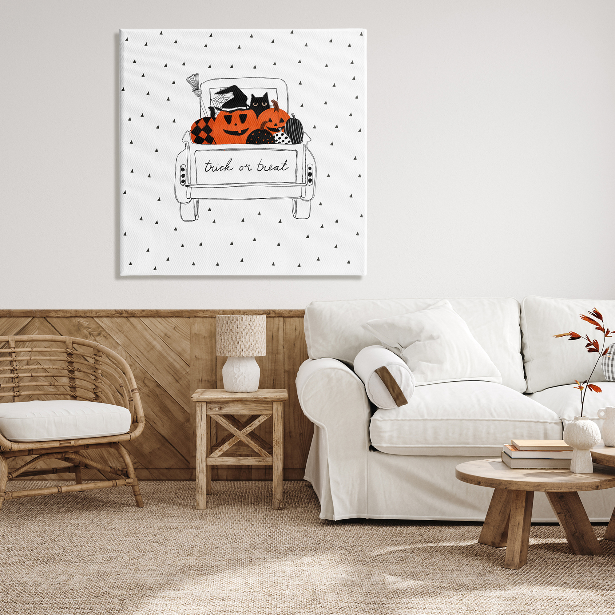 Trick Or Treat Truck Pumpkins Doodle Style Drawing Transportation Graphic Art Gallery-Wrapped Canvas Print Wall Art