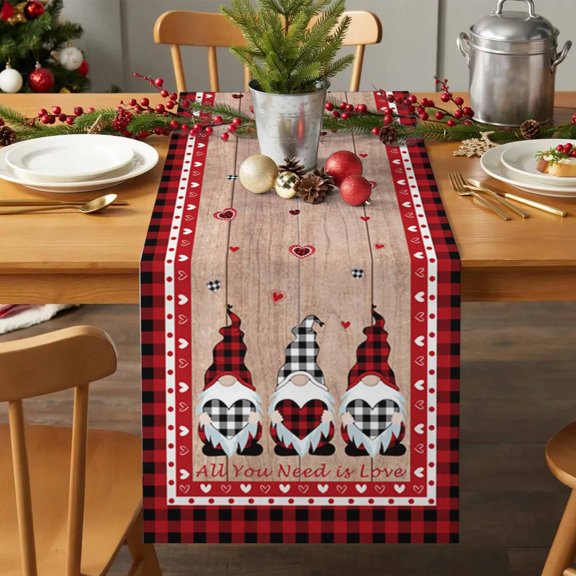 Table Runner 90 Inches Long - Valentine's Day Retro Gnome Lattice Heart Decorative Table Scarf, Farm Wooden Plank Dining Table Runners for Wedding Party Kitchen Dining Tables