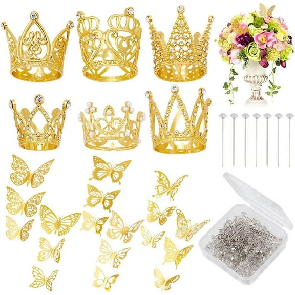 178 Pcs Flower Bouquet Accessories 100 Pcs Bouquet Pins 72 Pcs 3D Butterfly Decorations and 6 Pcs Alloy Rhinstone Cake Topper for Christmas Birthday Wedding Party Festival Decor Golden