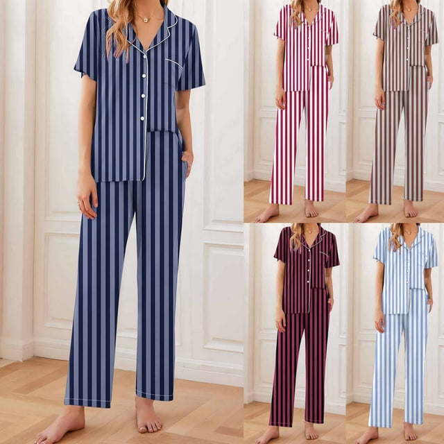 NJDVHB Ensembles d'Été pour Femmes, Ensemble de Détente pour Femmes, Ensemble de Chemises de Nuit pour Dames, Pyjamas pour Femmes Ensemble Imprimé Manches Courtes Pantalon Long Col à Revers Ensemble, Rouge, TTG